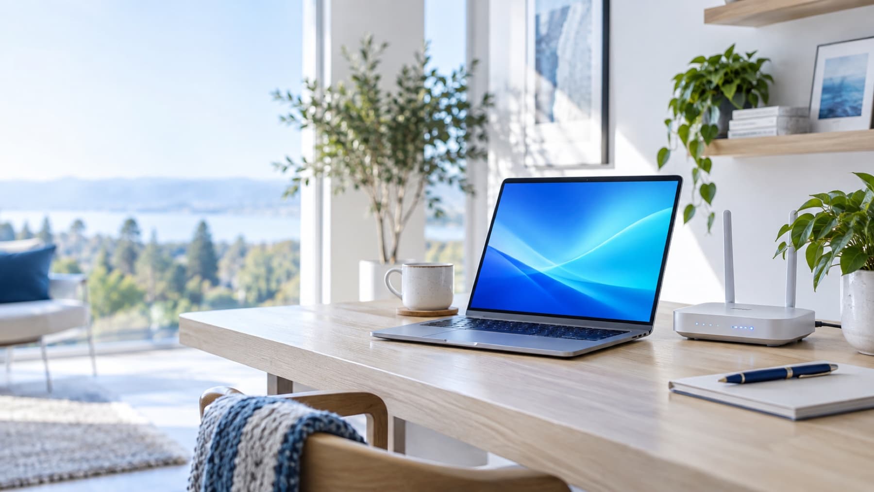 Bright home office with a laptop and Wi-Fi router