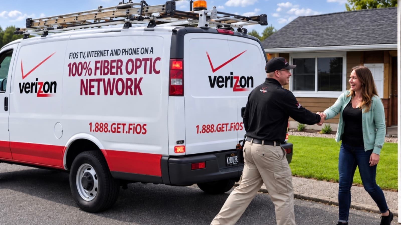 Illustrative scene of a resident greeting a Verizon Fios technician beside a service van