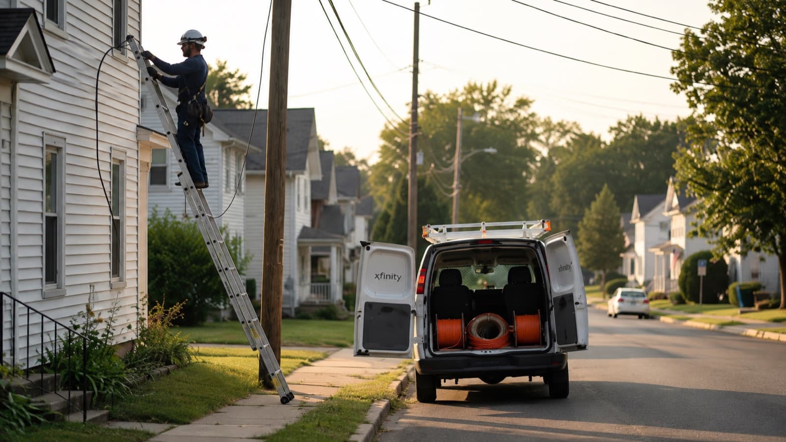 Illustrative scene of an internet technician working from a ladder near a service van