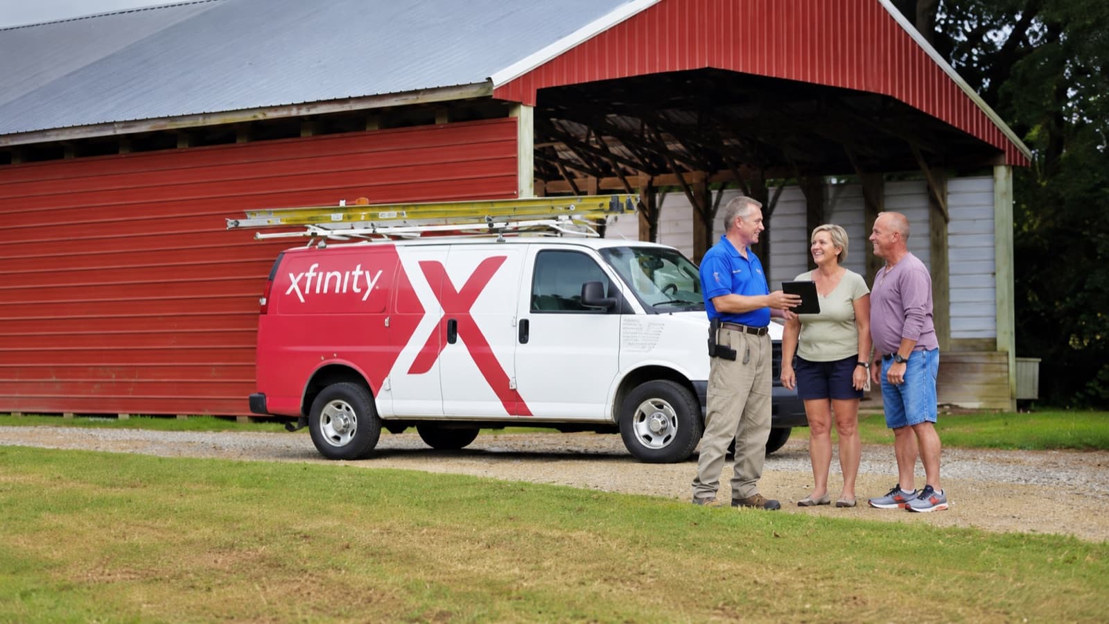 Illustrative scene of neighbors speaking with an internet technician beside a service van